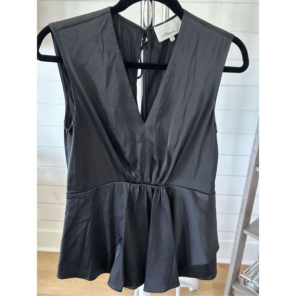 3.1 PHILLIP LIM V-Neck Satin Sleeveless Peplum Tank Womens 2 Black‎ - Picture 2 of 7